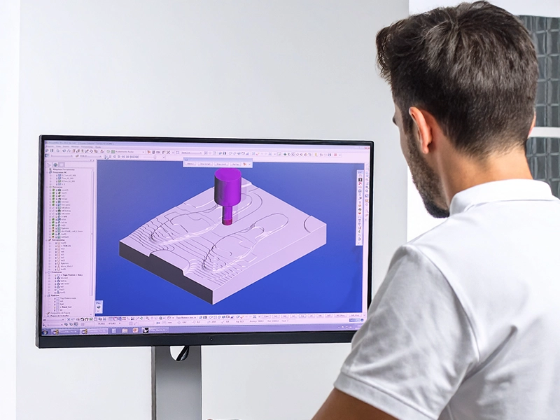 Profissional analisando projeto digital de matriz para solados em EVA em software de modelagem 3D, representando a aplicação de tecnologia avançada, eficiência tecnológica e modernização nos processos.