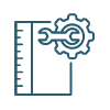 Ícone de régua, engrenagem e chave, representando projetos sob medida.